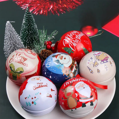 Christmas Round Gift Boxes Ball Shaped Tinplate Xmas Tree Hanging Ornament Christmas Candy Jar Cans New Year Navidad Decorations