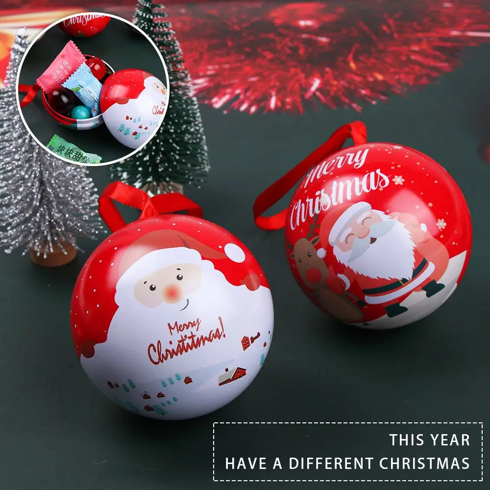 Christmas Round Gift Boxes Ball Shaped Tinplate Xmas Tree Hanging Ornament Christmas Candy Jar Cans New Year Navidad Decorations